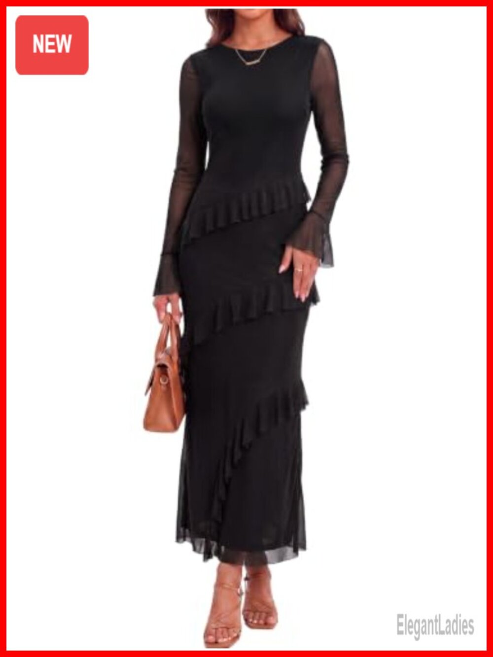 Womens Long Sleeve Maxi Dress Ruffle Semi-Sheer Party Wedding Guest